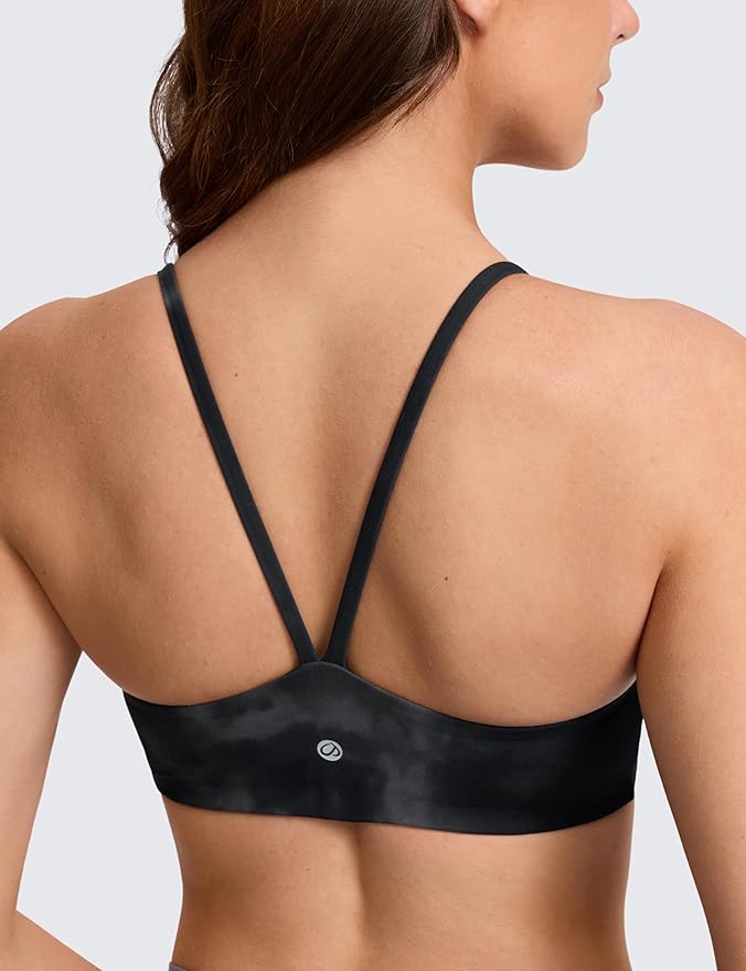 CRZ YOGA Butterlift Double Lined V Back Sports Bras for Women - Scoop Neck Spaghetti Strap Wireless Yoga Top Non Padded