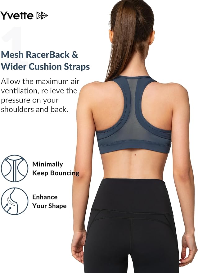 Yvette Zip Front Sports Bra - High Impact Sports Bras for Women Plus Size Workout Fitness Running