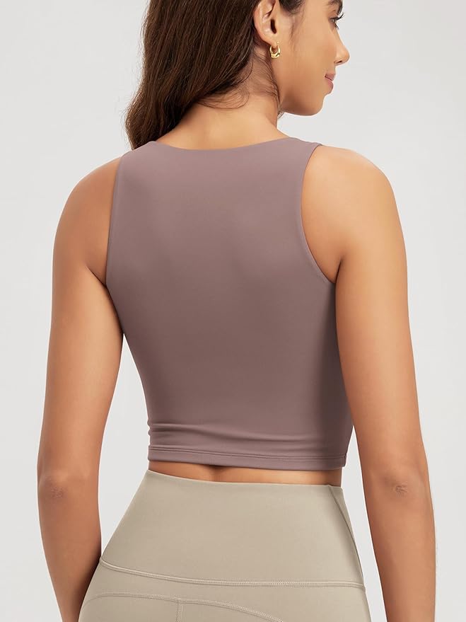 ODODOS Double Layer High Neck Crop Tank for Women Cloud Feeling Sleeveless Casual Yoga Cropped Tops