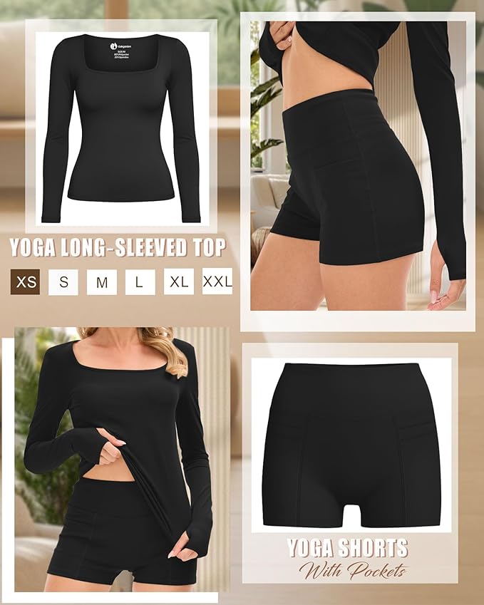 Oakgarden Women's Long Sleeve Yoga Set Square Neck Slim Fit Tops Elastic Soft Thumb Hole Shirt High Waist Shorts with Pockets