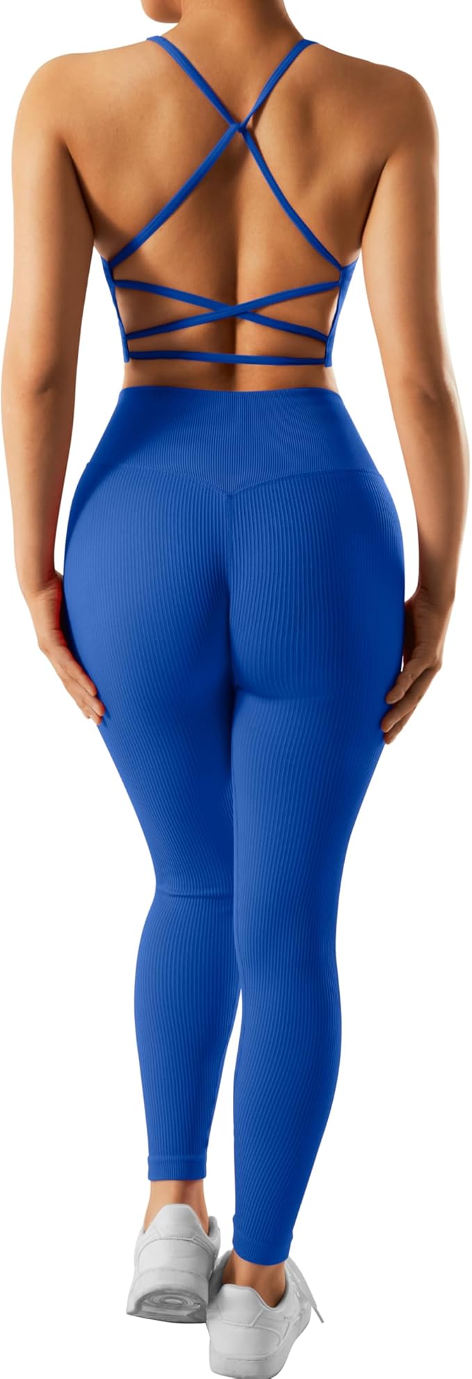 RXRXCOCO Ribbed Workout Sets for Women 2 Piece Backless Strappy Sports Bra Seamless Leggings Matching Set Yoga Outfits