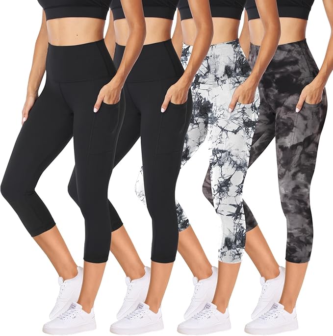 NexiEpoch 4 Pack Leggings for Women - High Waisted Tummy Control Soft Black Capri Yoga Pants with Pockets for Workout