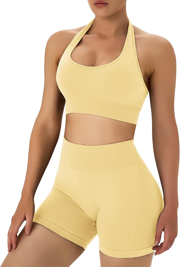 OLCHEE Workout Sets for Women 2 Piece Backless Halter Sports Bra High Waist Booty Shorts Yoga Gym Outfits Lounge Activewear