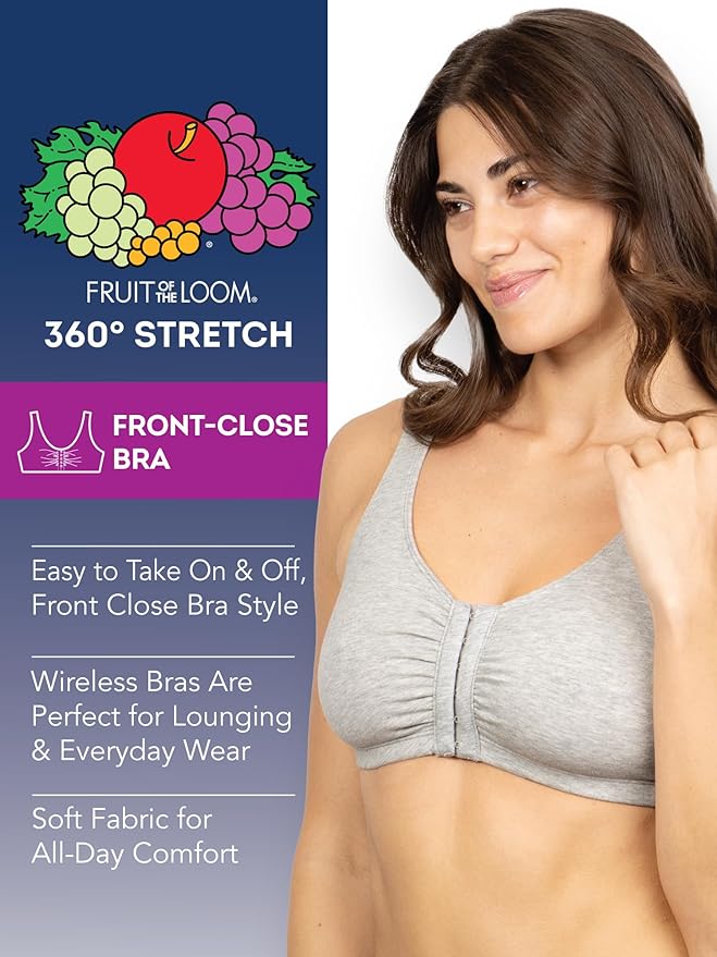 Fruit of the Loom Women's 96014PK Comfort Cotton Blend Front Close Sports Bra 2 Pack