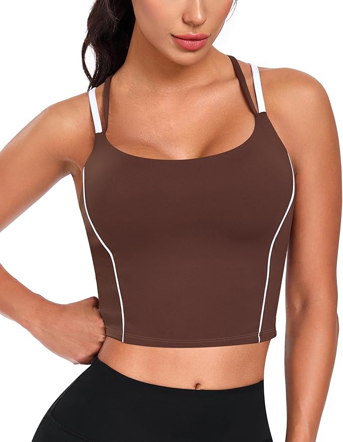 QUOJIZY Longline Sports Bras for Women Spaghetti Straps Tank Top with Built-in Bra Strappy Sports Bra for Yoga