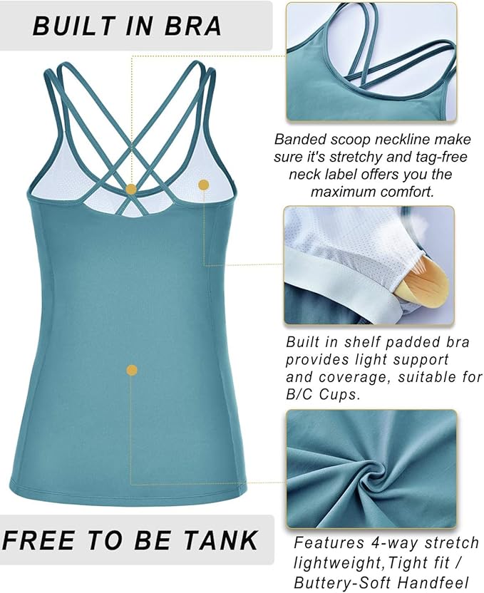 RUNNING GIRL Yoga Tank Tops for Women Built in Shelf Bra B/C Cups Strappy Back Activewear Workout Compression Tops