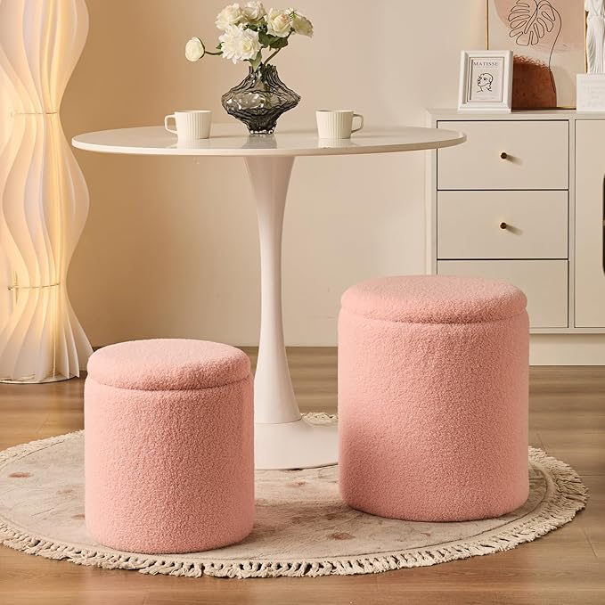 BLEXA Round Ottoman with Storage Set of 2 - Upholstered Sherpa Vanity Stool for Makeup Multifunctional Ottomans Coffee Table Padded Seat Foot Rest for Living Room & Bedroom (Sherpa Pink)