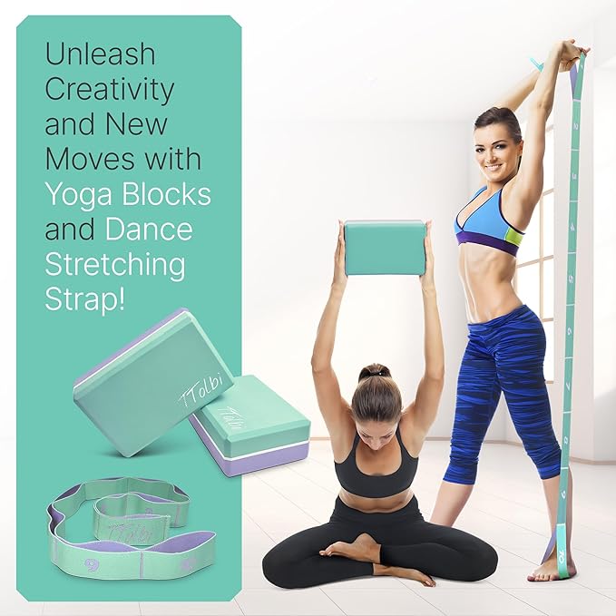 Yoga Blocks 2 Pack with Strap & Guide – Non-Slip EVA Foam Pilates Blocks for Home Workouts, Dance, Ballet, Gymnastics & Stretching Exercise | Ideal Dancer Gifts