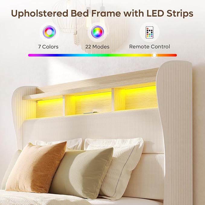 Bestier King Size Upholstered Wingback Bed Frame with 51” High Headboard Corduroy Fabric RGB LED Lights, Charging Station Dual Storage Shelves Modern Off White Platform Bed No Box Spring Needed | King Bed Frame