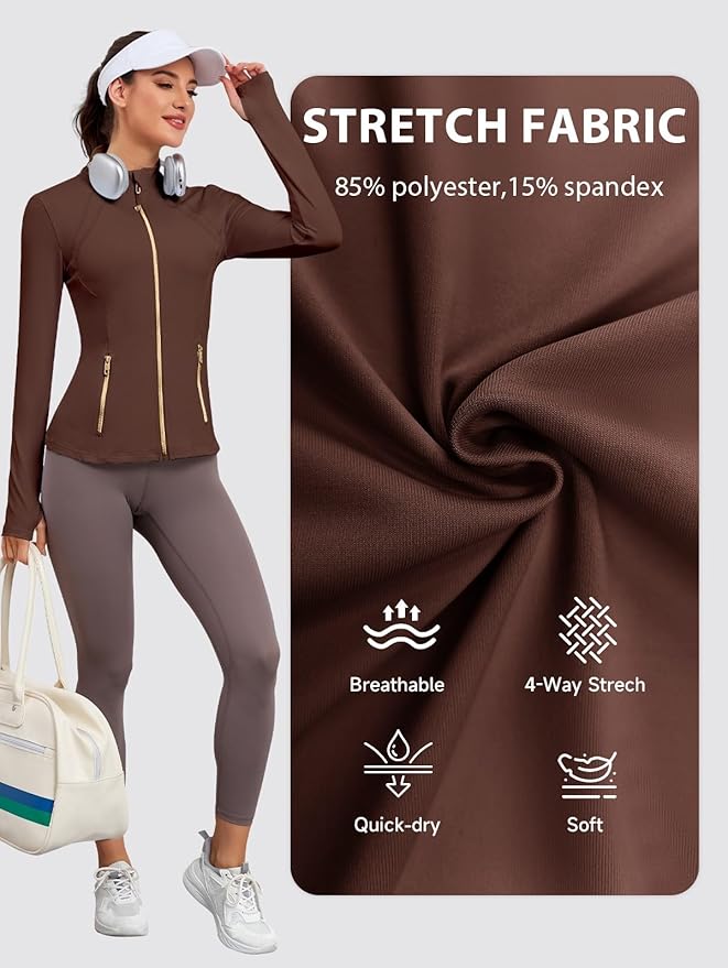 VUTRU Women Athletic Jacket Fitted Workout Running Zip Up Track Coat Layer with Thumb Holes Pockets for Yoga Gym Travel