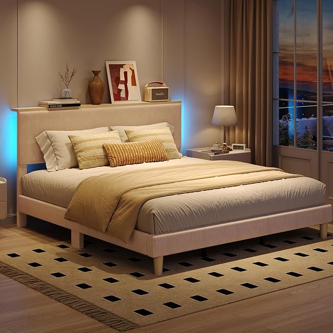Bestier King Bed Frame with Adjustable Headboard & LED Lighting, Corduroy Upholstered Platform Bed Frame with Storage Shelf, Solid Wood Slats, No Box Spring Needed,Never Squeak, Easy Assembly, Taupe