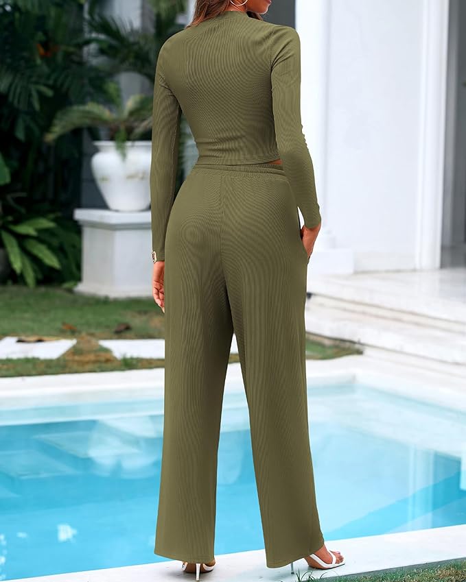 BTFBM Casual 2 Piece Sets For Women Fall Outfits 2026 Ribbed Spring Long Sleeve Crop Top Wide Leg Pants Matching Lounge Set