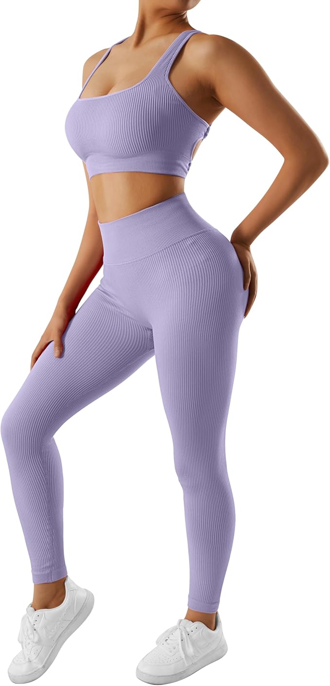 RXRXCOCO Ribbed Workout Sets for Women 2 Piece Backless Strappy Sports Bra Seamless Leggings Matching Set Yoga Outfits