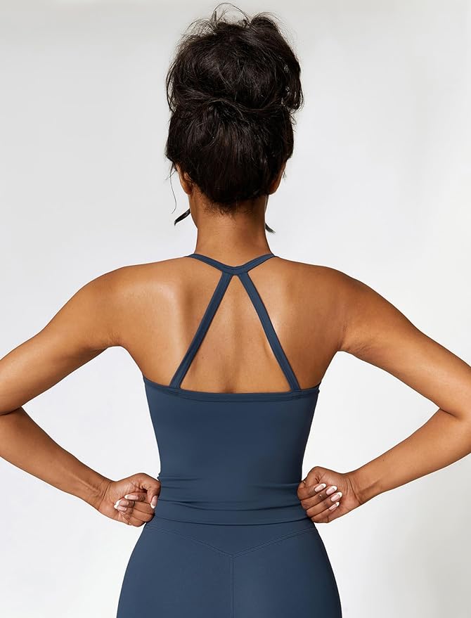QBGJTD Womens Longline Sports Bras Cross Back Active Gym Yoga Padded Workout Crop Tank Top with Built in Bra
