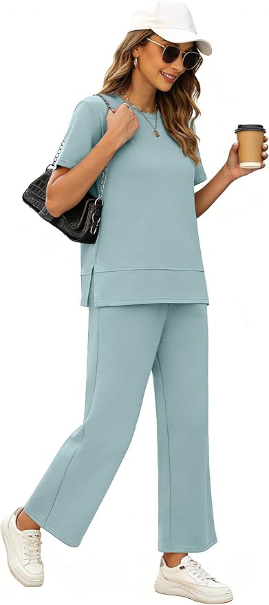 XIEERDUO Women's Side Slit Lounge Sets 2026 Fashion 2 Piece Travel Outfits Cozy Loungewear Wide Leg Tracksuits S-3XL