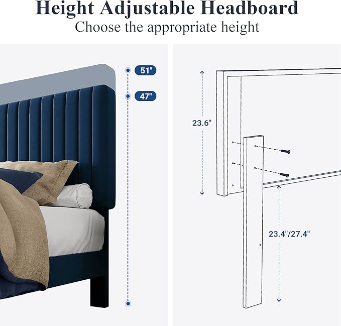 Allewie King Bed Frame, Velvet Upholstered Platform Bed with Adjustable Vertical Channel Tufted Headboard, Mattress Foundation with Strong Wooden Slats, Box Spring Optional, Easy Assembly, Navy Blue