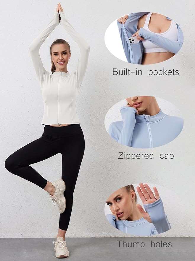 Women Built-In Pockets Athletic Jackets Slim Fit Full Zip up Workout Yoga Gym Jacket with Thumb Holes
