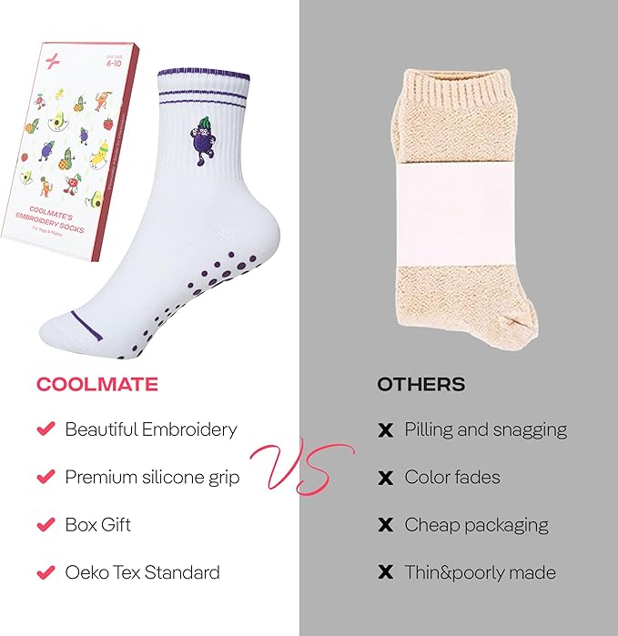 CoolMate Pilates Socks with Grips for Women, Yoga Socks, Crew Non Slip Women for Barre, Pilates Gifts for Women