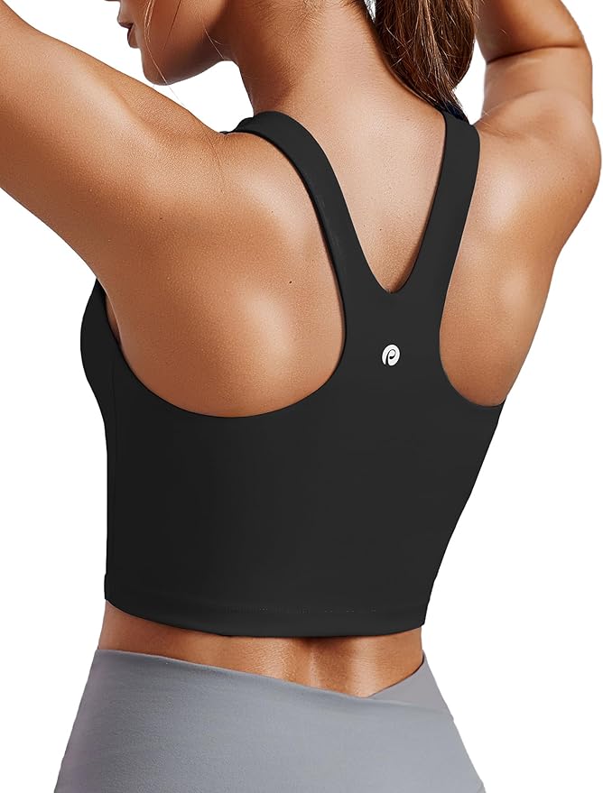 PINSPARK Women Sports Bra High Neck Racerback Workout Crop Tank Top Longline Padded Yoga Tops with Built in Pads