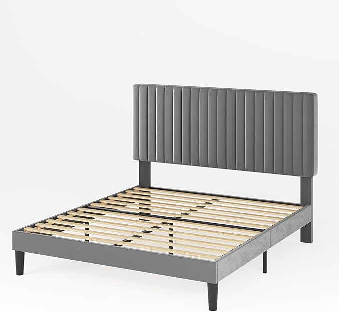 Allewie Full Bed Frame, Velvet Upholstered Platform Bed with Adjustable Vertical Channel Tufted Headboard, Mattress Foundation with Strong Wooden Slats, Box Spring Optional, Easy Assembly, Grey