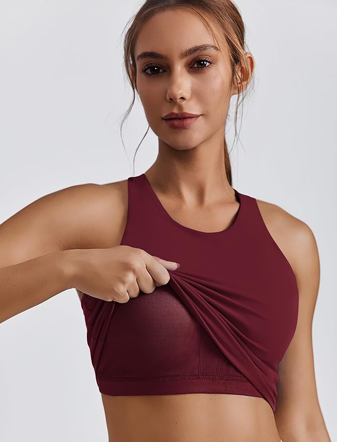 PINSPARK Women Sports Bra High Neck Racerback Workout Crop Tank Top Longline Padded Yoga Tops with Built in Pads