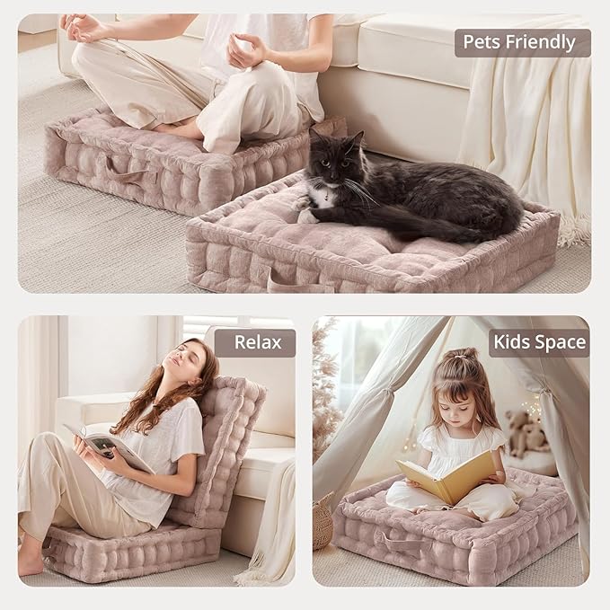 Intelligent Design Large Floor Pillow for Adults Yoga or Meditation Cushion with Handle, Floor Cushion for Board Games, Lustrous Chenille Tufted, Handsewn Scalloped Edge, Azza, 24" x 24" x 5" Blush