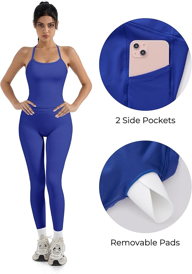 SUUKSESS Women 2 Piece Workout Sets Compression Tummy Control Leggings with Pockets Halter Built in Bra Tank Tops
