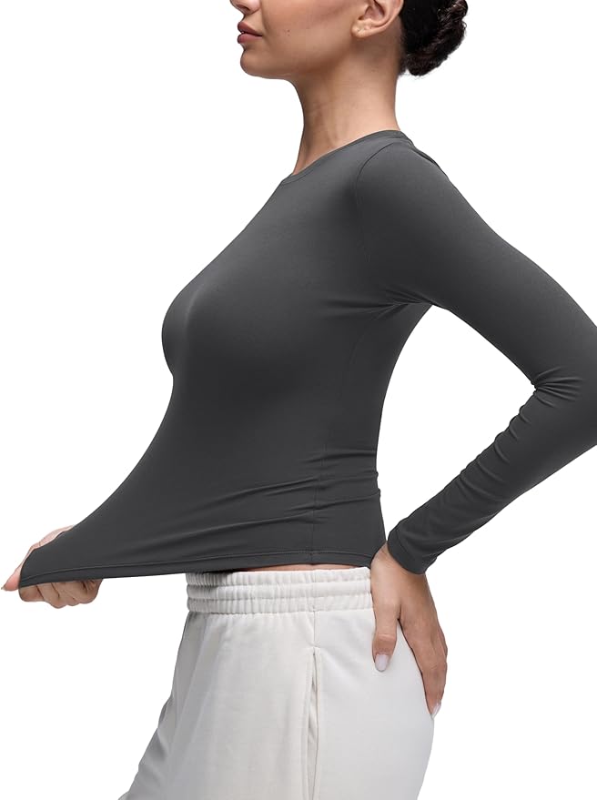 CRZ YOGA Softembrace Crewneck Long Sleeve Shirts for Women - Casual Going Out Tops Soft Basic Fitted Tight Fall T-Shirts