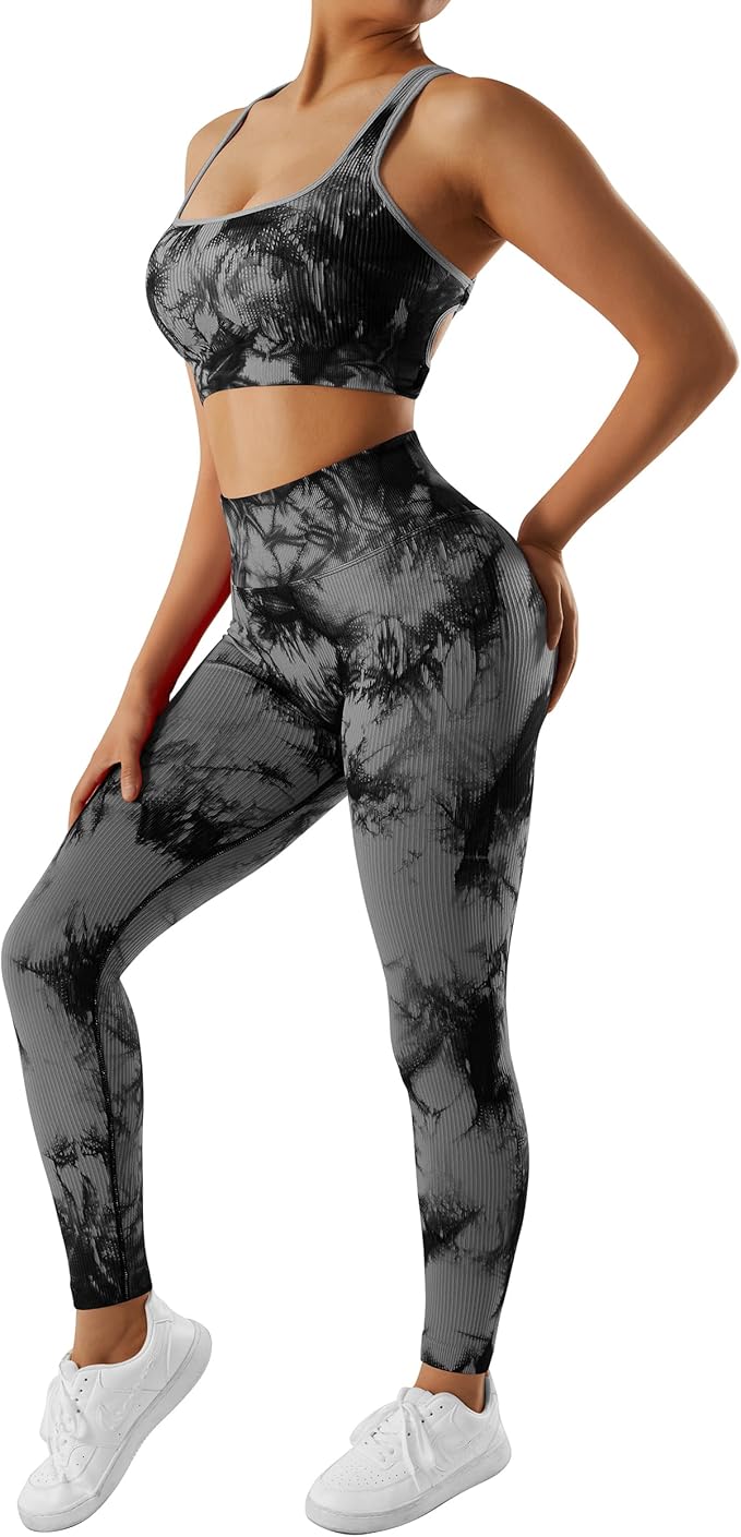 RXRXCOCO Ribbed Workout Sets for Women 2 Piece Backless Strappy Sports Bra Seamless Leggings Matching Set Yoga Outfits