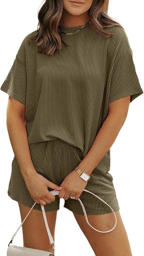 MARZXIN Women 2 Piece Shorts Set 2026 Casual Summer Cruise Outfits Ribbed Loose Short Sleeve Pocket Matching Lounge Sets