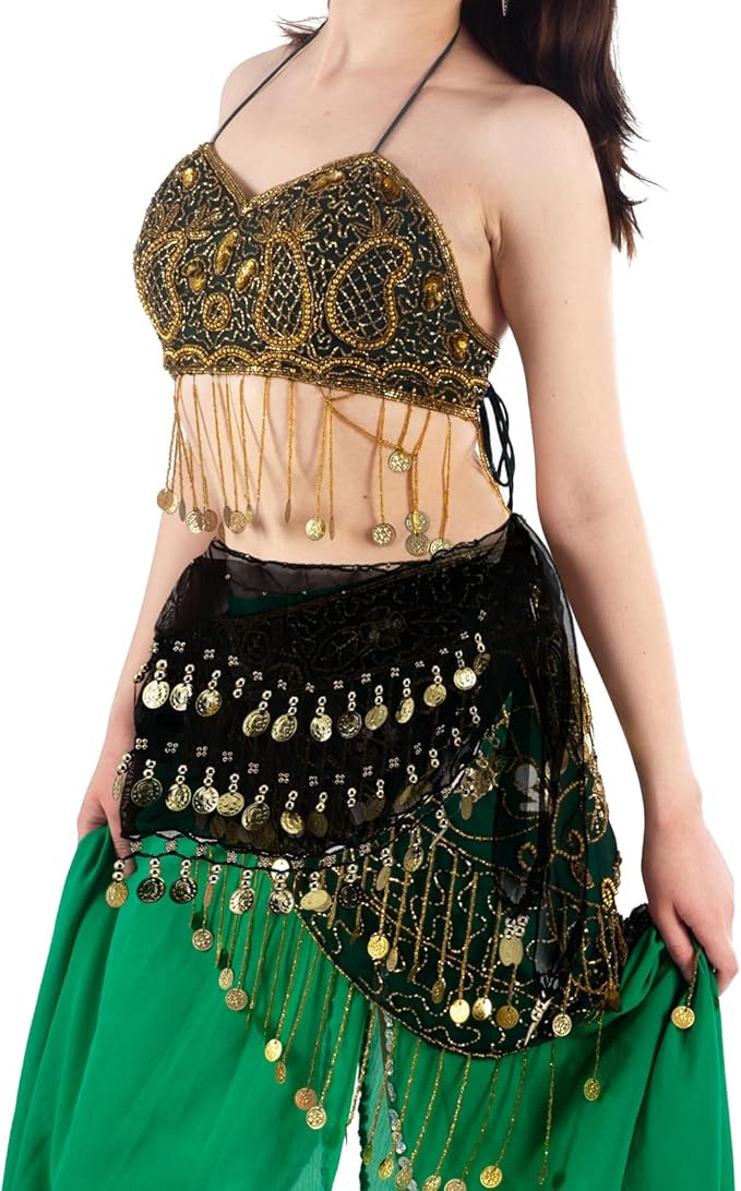 Belly Dance Hip Scarf Belly Dance Skirt 3-Layer Gold Sequins and Coins, Suitable for Yoga, Belly Dance, Performance