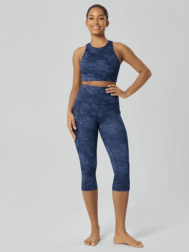 ODODOS Women's High Waisted Yoga Capris with Pockets, Tummy Control Non See Through Workout Athletic Running Capri Leggings