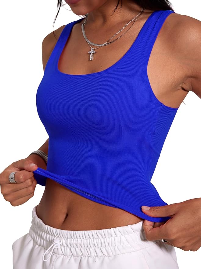 Danysu Women Rib Tank Top Padded Workout Top Square Neck Crop Tank Fitted Basic Cami Tops