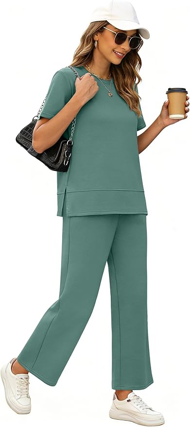 XIEERDUO Women's Side Slit Lounge Sets 2026 Fashion 2 Piece Travel Outfits Cozy Loungewear Wide Leg Tracksuits S-3XL