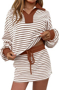 Fisoew Womens Striped 2 Piece Outfits Casual Sweatshirt Skirt Set Long Sleeve Skort Workout Set Matching Lounge Sets