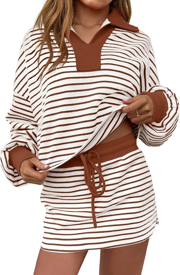 Fisoew Womens Striped 2 Piece Outfits Casual Sweatshirt Skirt Set Long Sleeve Skort Workout Set Matching Lounge Sets