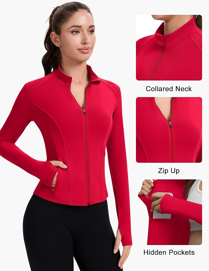 ZHENWEI Workout Jackets for Women Full Zip Up Cropped Athletic Long Sleeve Lightweight Slim Fit Running Tops with Pockets