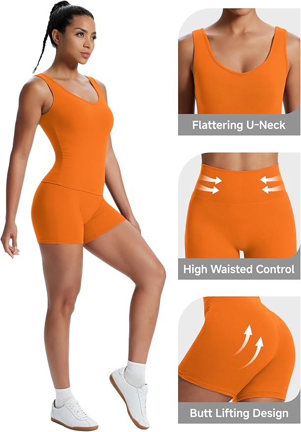 Alaroo Workout Sets for Women 2 Piece U Neck Crop Tank Top High Waisted Shorts Athletic Gym Yoga Outfits Activewear
