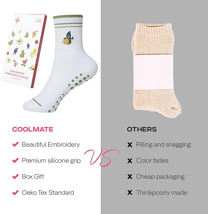 CoolMate Pilates Socks with Grips for Women, Yoga Socks, Crew Non Slip Women for Barre, Pilates Gifts for Women