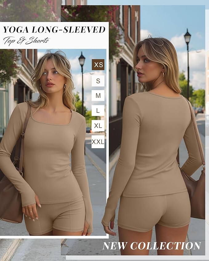 Oakgarden Women's Long Sleeve Yoga Set Square Neck Slim Fit Tops Elastic Soft Thumb Hole Shirt High Waist Shorts with Pockets