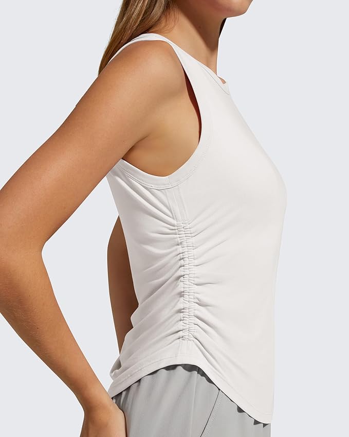 G4Free Lyocell Ruched Side Workout Tank Tops Woman High Neck Waist Length Gym Tanks Soft Relaxed Fit for Training