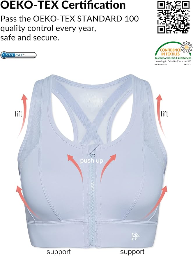 Yvette High Impact Zip Front Sports Bra Mesh Racerback Workout High Support Sports Bras for Women Large Breasts