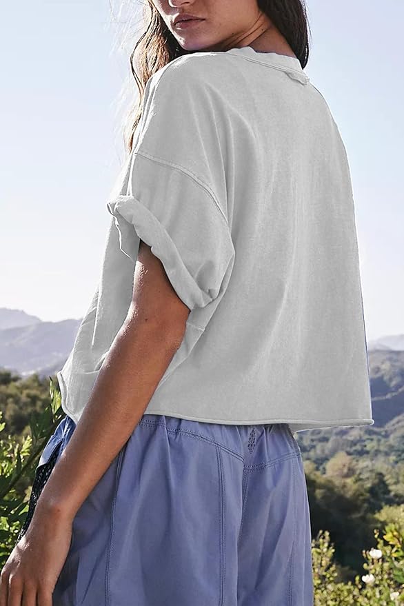 Women's Oversize Workout Crop Tops Casual Short Sleeve Drop Shoulder Boxy T-Shirts Roll Hem Basic Loose Yoga Running Tees
