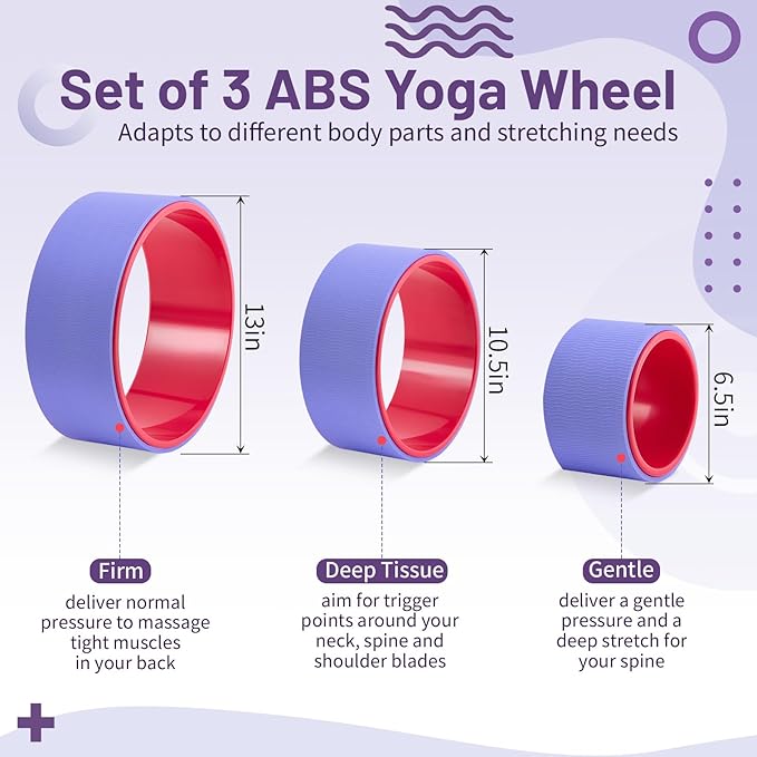 3 Pack ABS Yoga Wheel Set 660 Lbs Foam Roller for Back Pain & Stretching Back Wheel for Massage, Purple and Pink Set