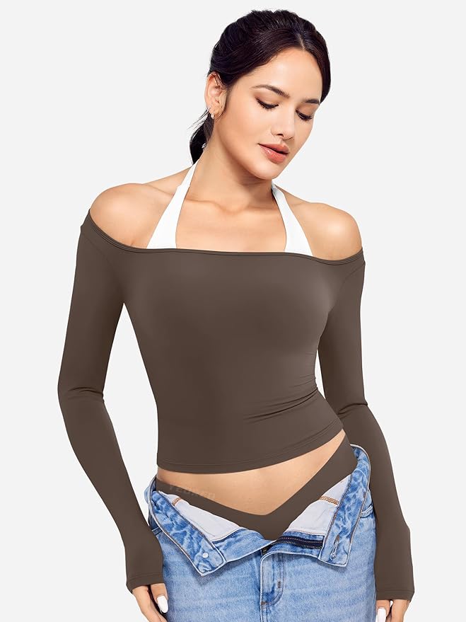 YEOREO Long Sleeve Workout Tops for Women Square Neck Slim Fitted Double Lined Compression Shirt Basic Casual Gym Yoga Tops