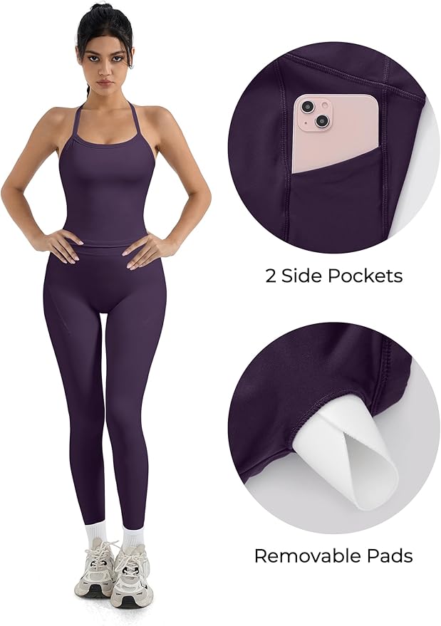 SUUKSESS Women 2 Piece Workout Sets Compression Tummy Control Leggings with Pockets Halter Built in Bra Tank Tops