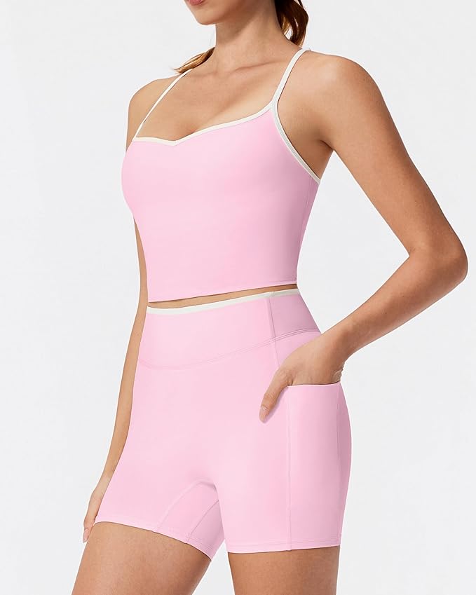 RXRXCOCO Color Block Workout Sets for Women 2 Piece Padded Strappy Tank Tops Hidden Scrunch Booty Shorts with Pockets
