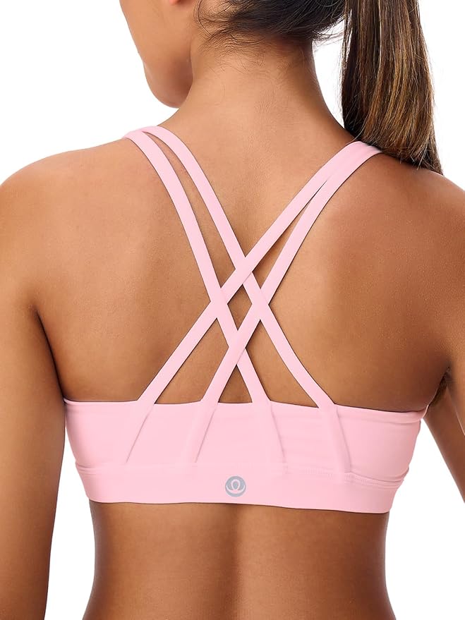 Women's Strappy Sports Bras Light Compression Crop Criss Cross Back Padded Workout Yoga Bra Supportive U Neckline