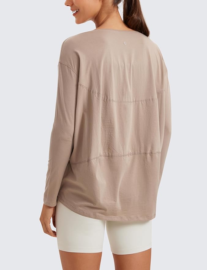 CRZ YOGA Pima Cotton Boat Neck Long Sleeve Shirts for Women - Workout Athletic Yoga Casual Tops Loose Fit Fall T-Shirts