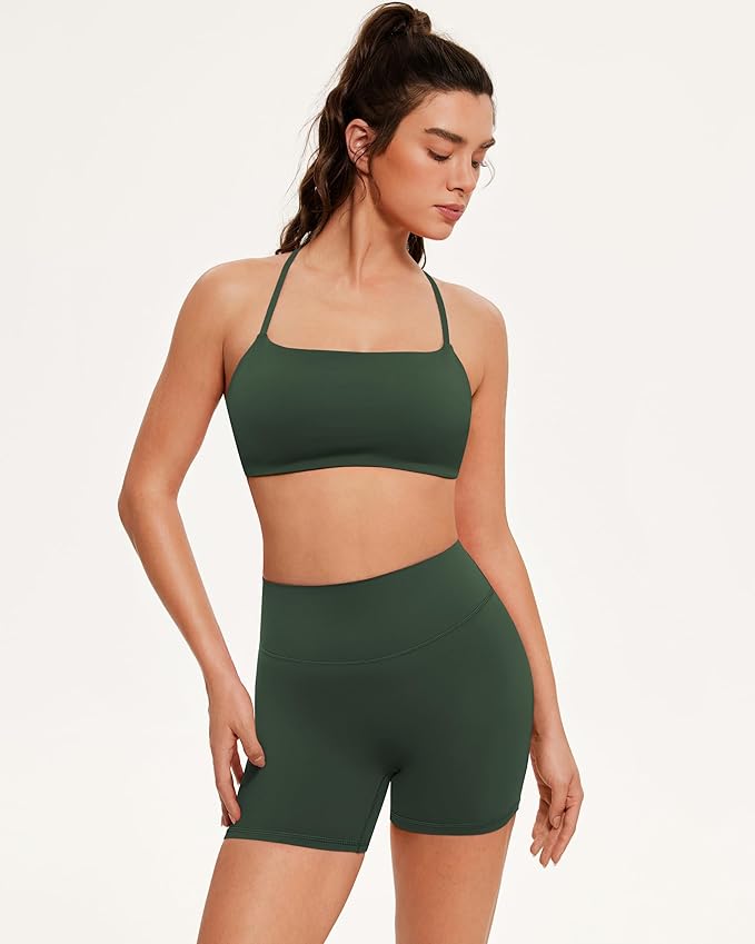 OMKAGI Workout Sets for Women Open Back Strappy Sports Bra Booty Biker Shorts Gym Outfits